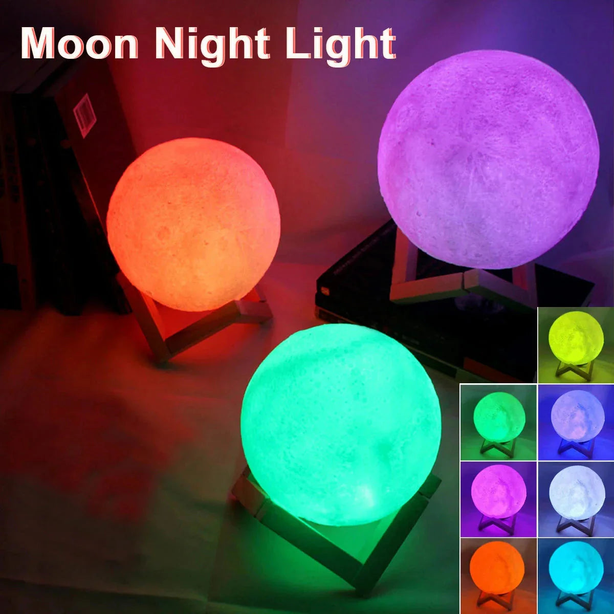 LED Moon Lamp – 3D Printed Lunar Night Light – Battery Powered – 8 Colors – 15cm - Perfect for Bedroom Decor and Gifts