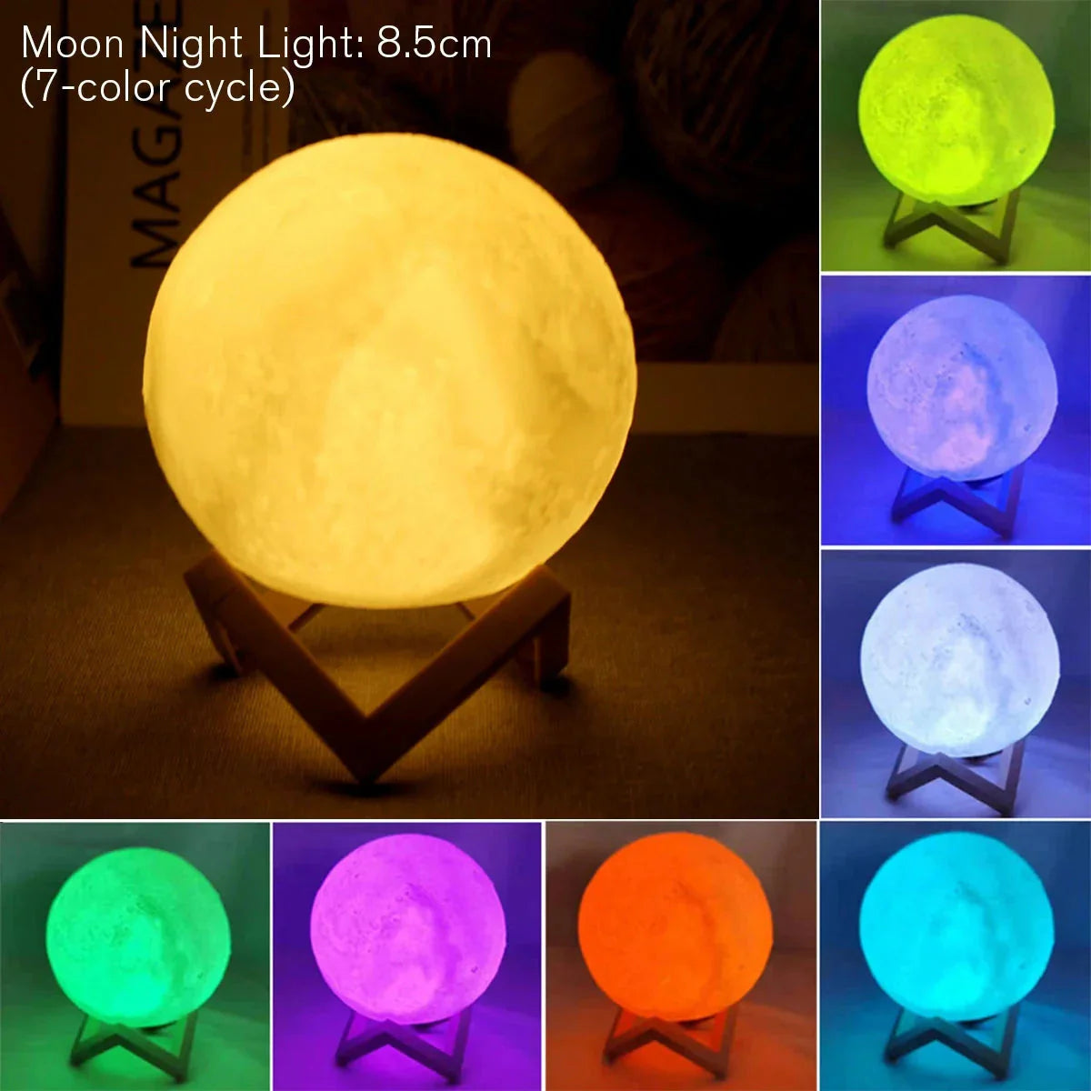 LED Moon Lamp – 3D Printed Lunar Night Light – Battery Powered – 8 Colors – 15cm - Perfect for Bedroom Decor and Gifts
