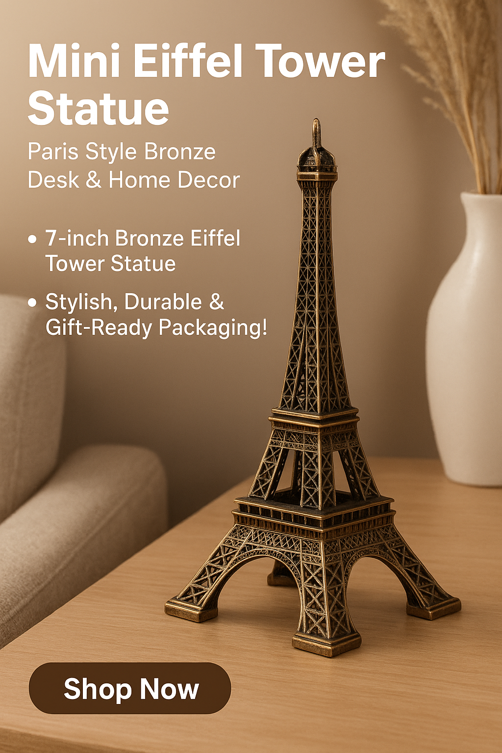 7-inch Eiffel Tower Statue Decor – Bronze Alloy Metal Paris Souvenir